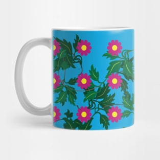 Cerise daisies with Yellow centres over layers of vine leaves on a Vibrant Blue background Mug